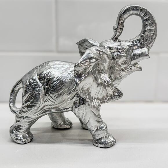 Good Luck Elephant Figurine, Trunk Upward, Silver- Painted Resin, 6.25” Tall - Picture 5 of 9